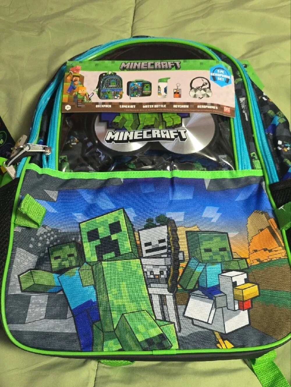 Minecraft Mode Backpack Set with Lunch kit, Headphones and Water Bottle